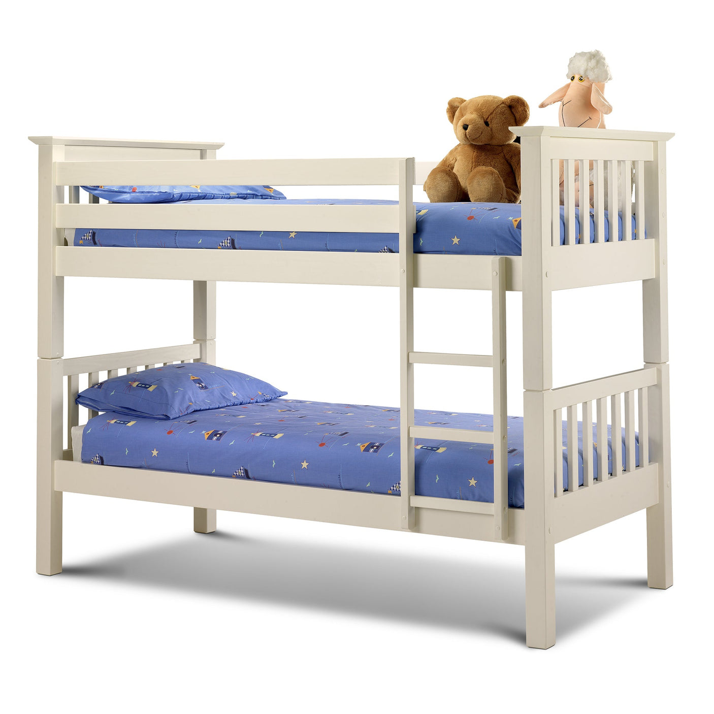 Stone white wooden bunk bed with ladder, blue bedding, and two stuffed toys on top bunk