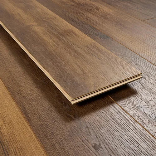 Barnwood oak laminate flooring plank with realistic wood grain and brown finish