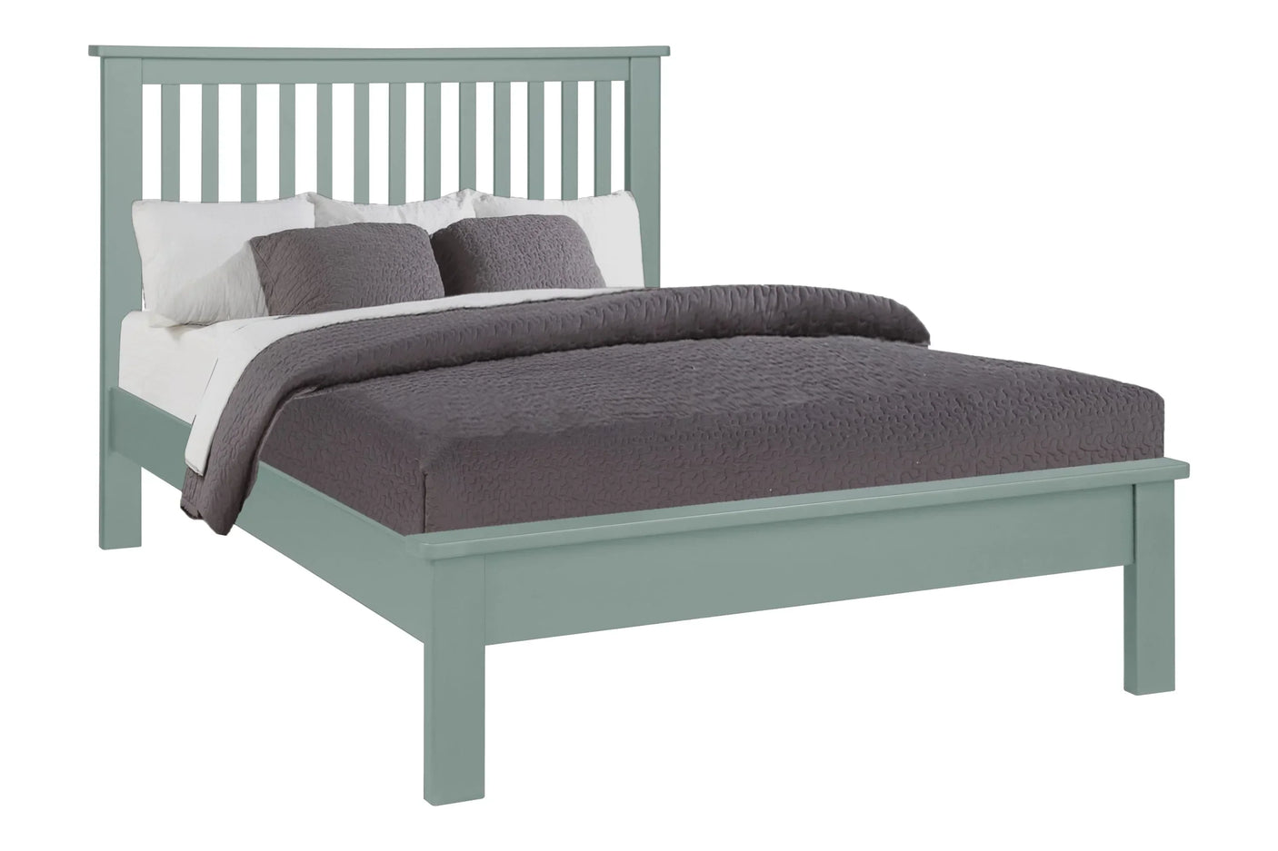 Green wooden bed frame with slatted headboard, grey bedding and white pillows