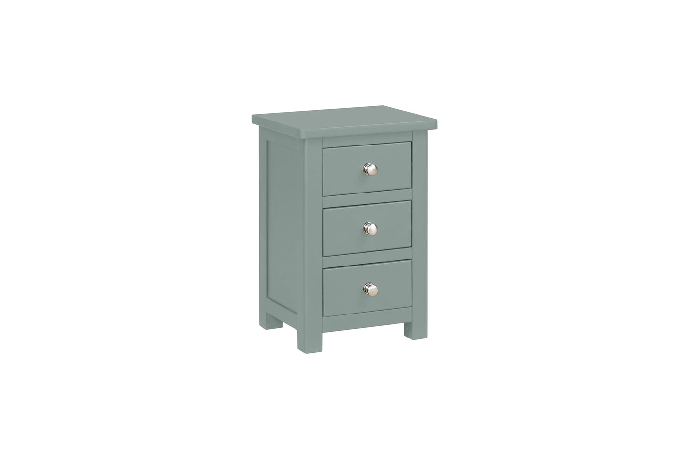 Green bedside locker with three drawers and silver round handles, front angle view