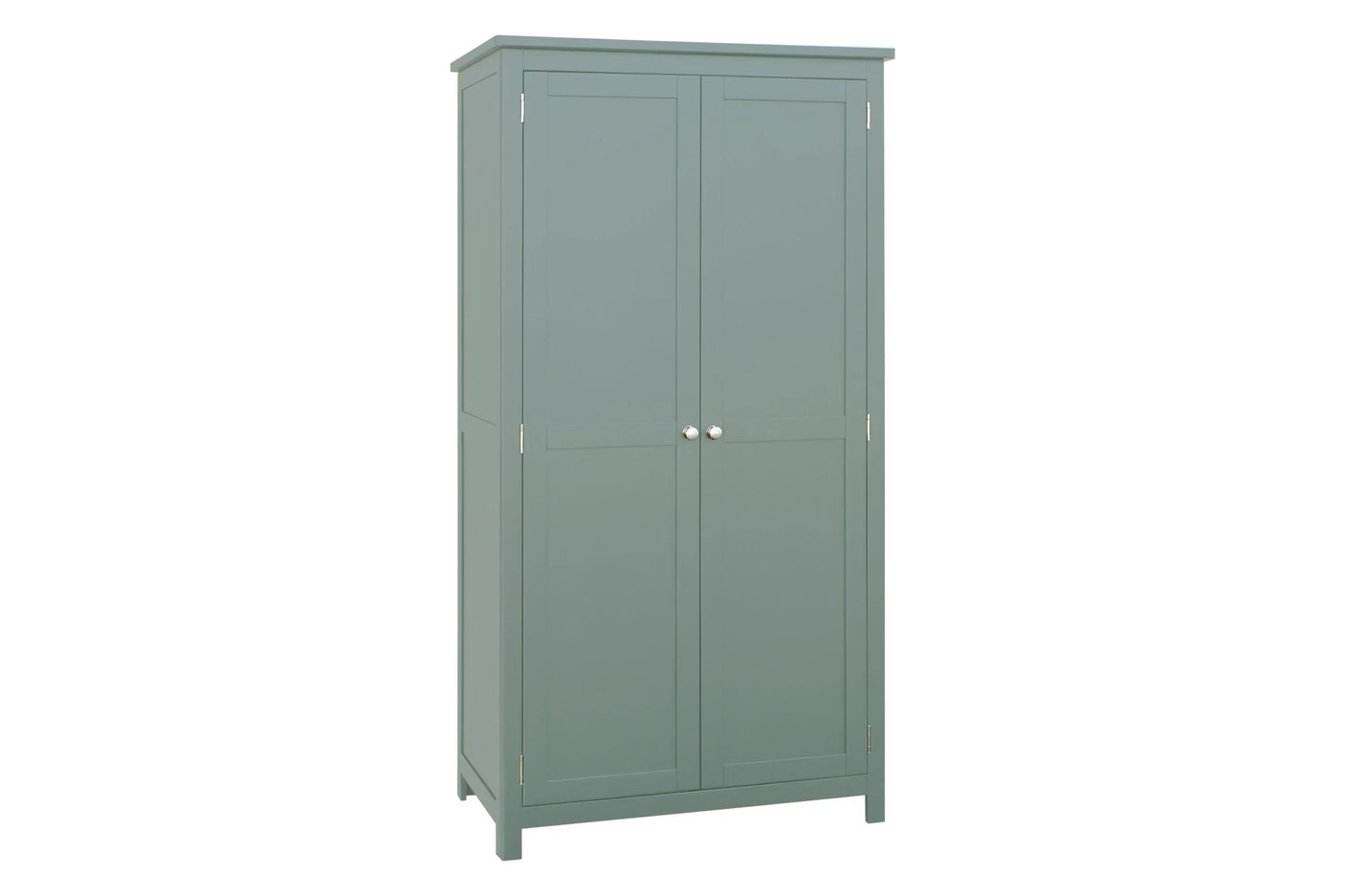 Green wooden wardrobe with double doors and chrome handles, shown from a front angle