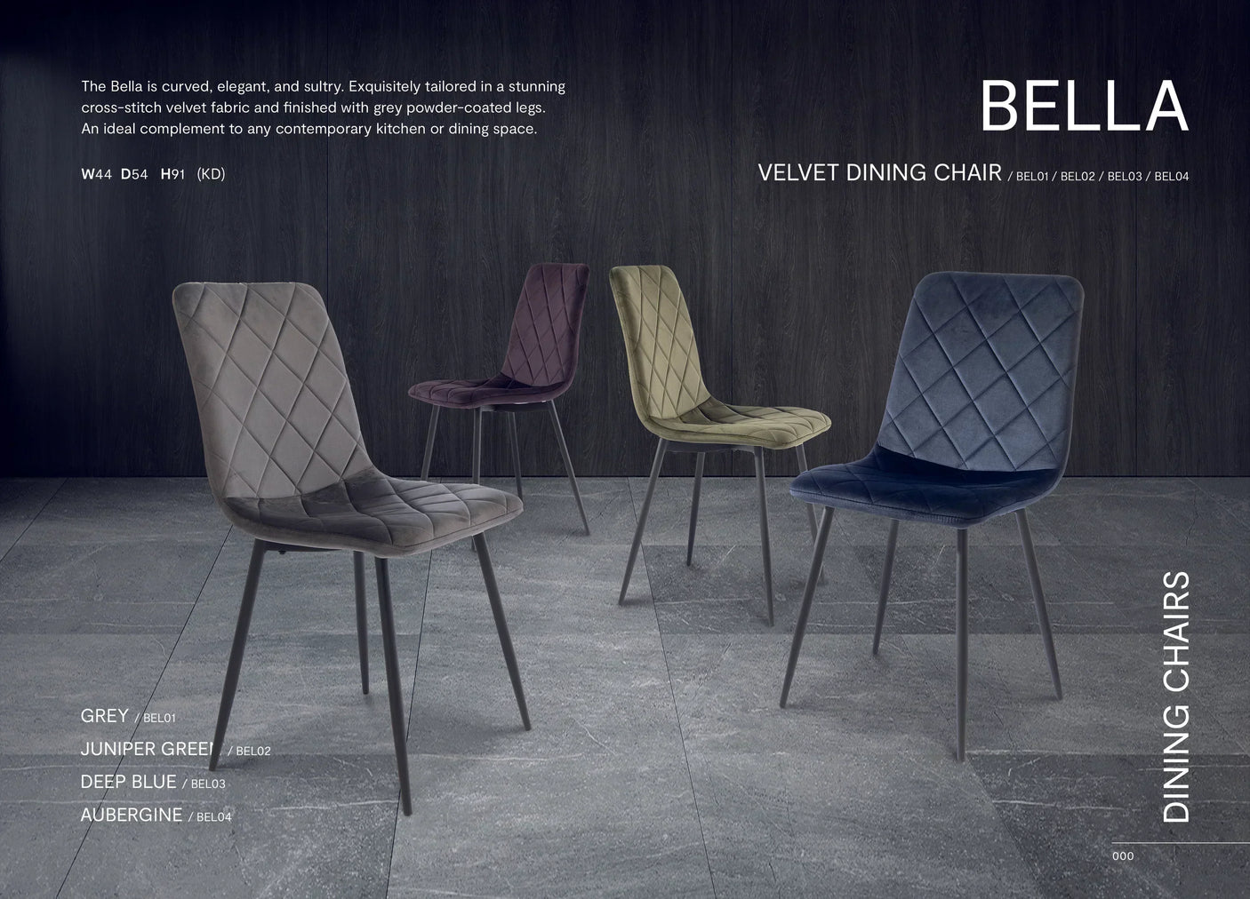 Velvet dining chairs in grey, aubergine, green, and blue with black metal legs on tile floor