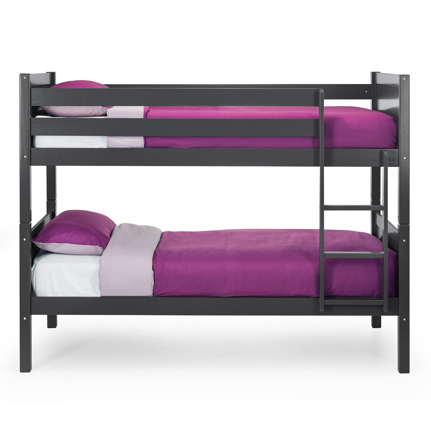 Anthracite bunk bed with straight ladder and purple bedding, front view