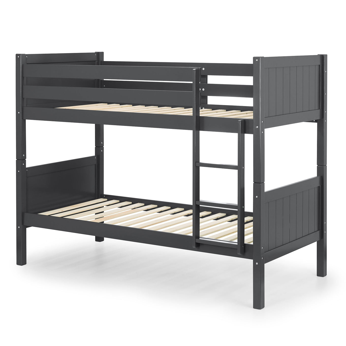 Anthracite bunk bed frame with wooden slats and ladder, side angle view