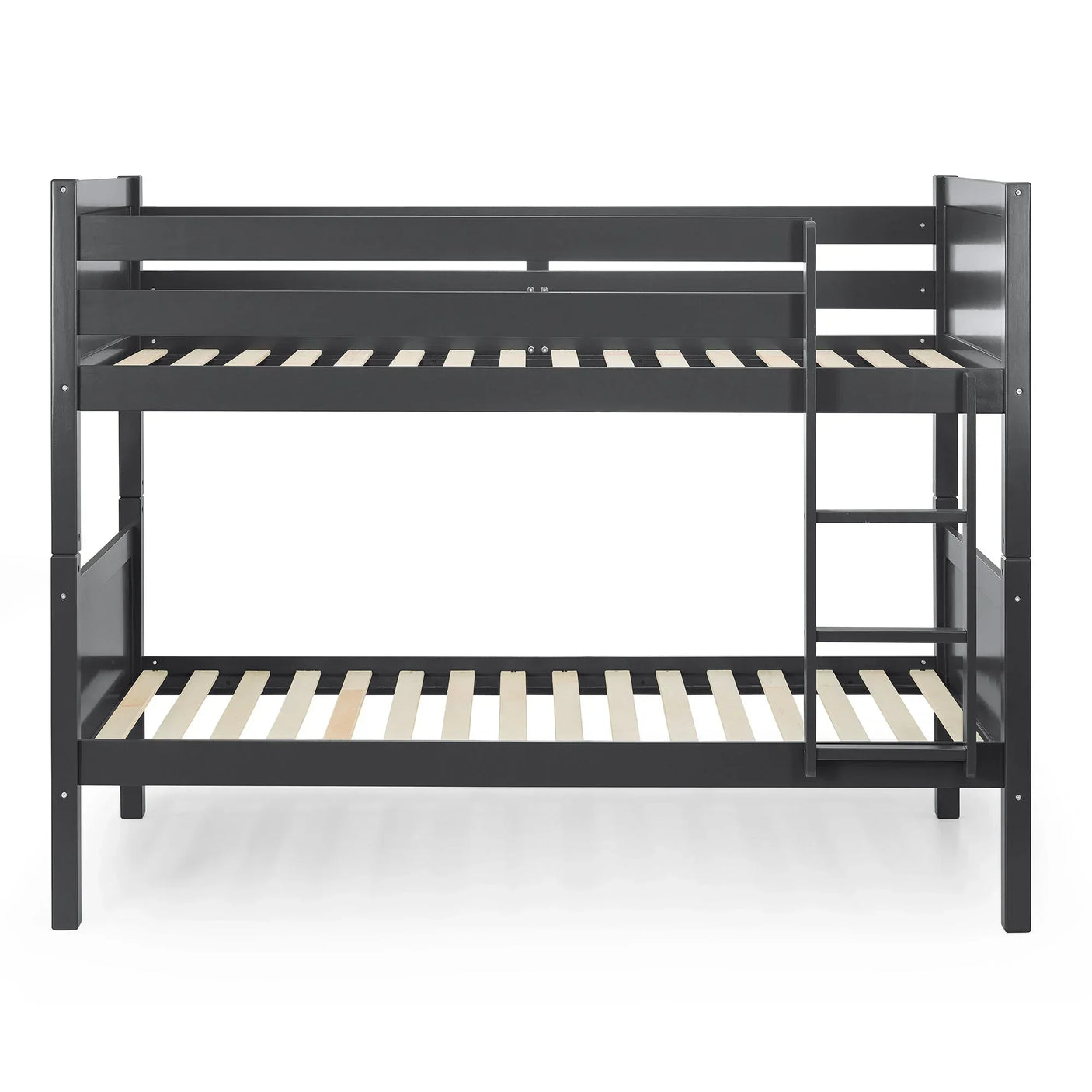 Anthracite wooden bunk bed frame with slats and ladder, front view