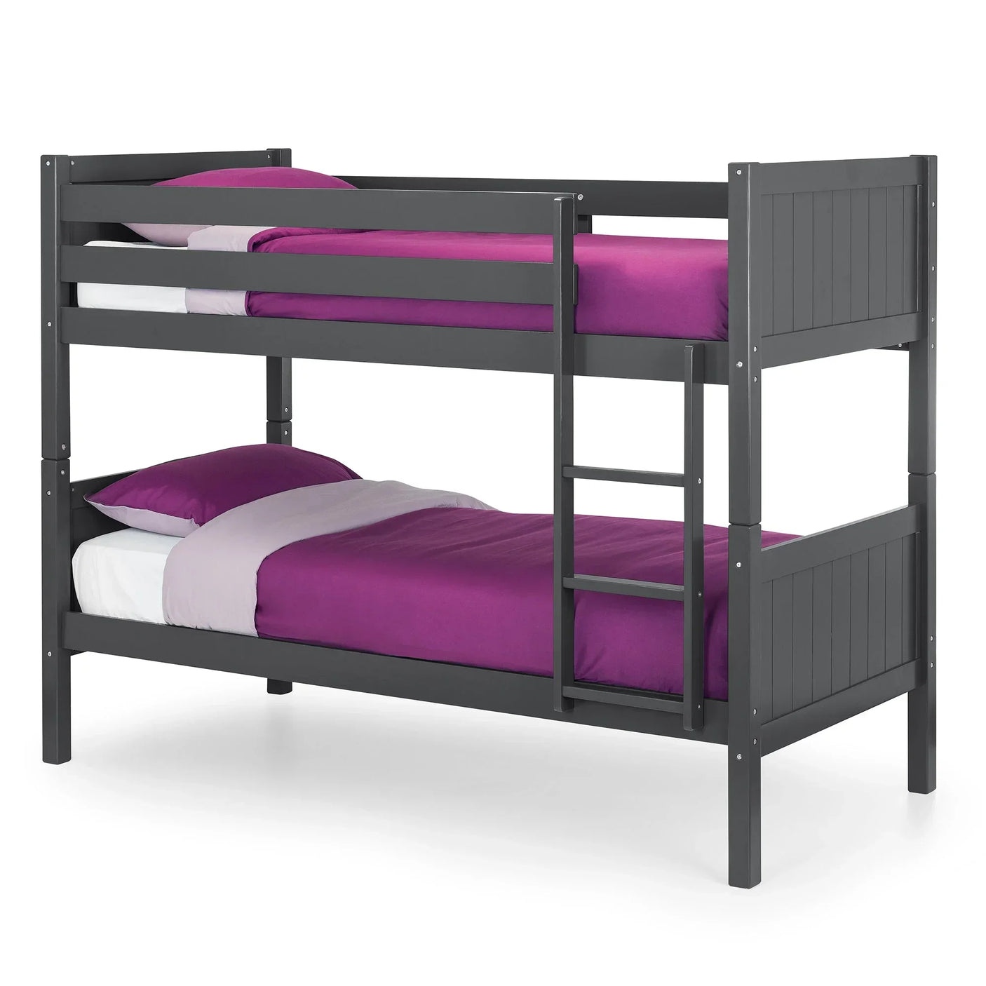 Anthracite bunk bed with ladder and purple bedding, shown from side view