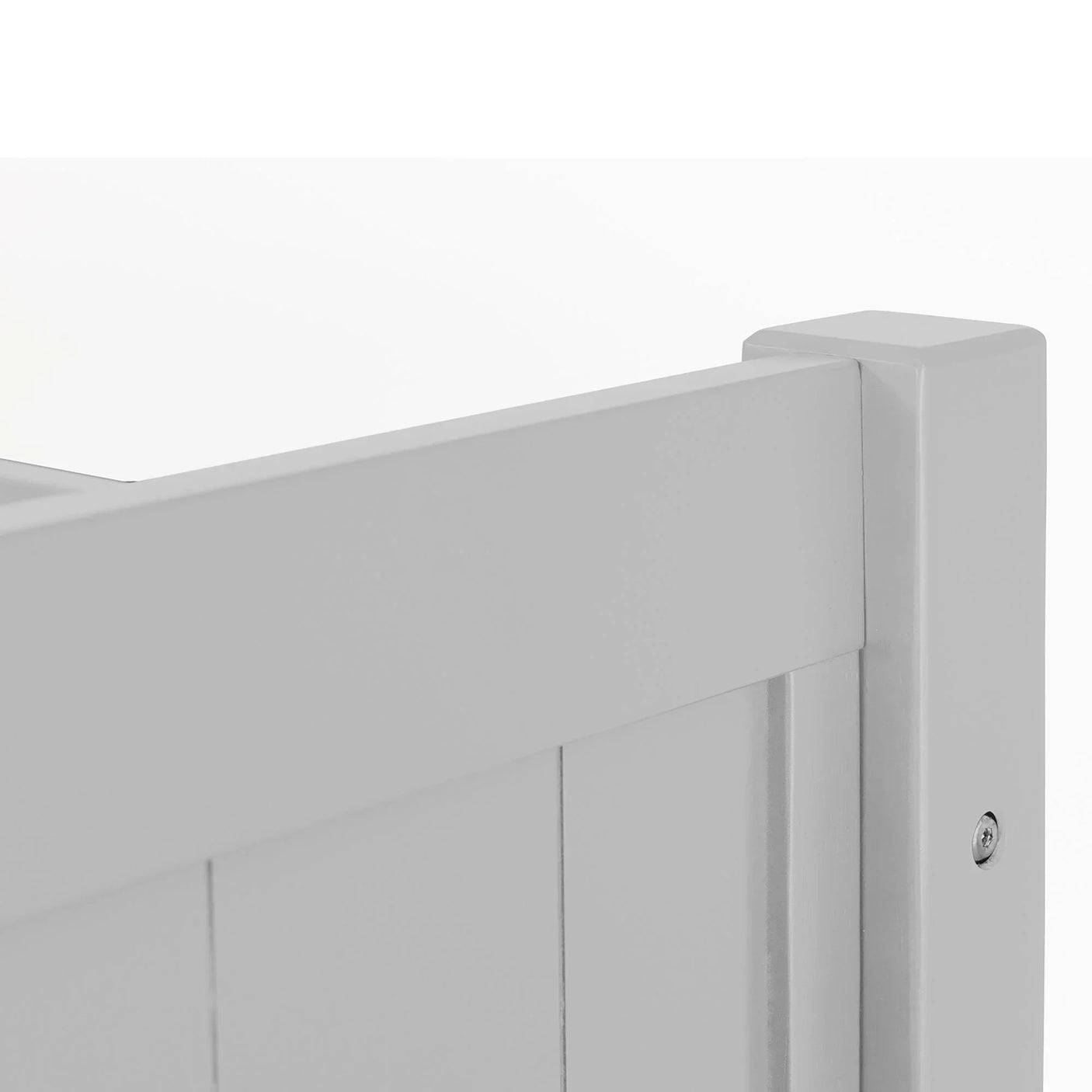 Dove grey bunk bed corner showing smooth wooden frame and panel detail