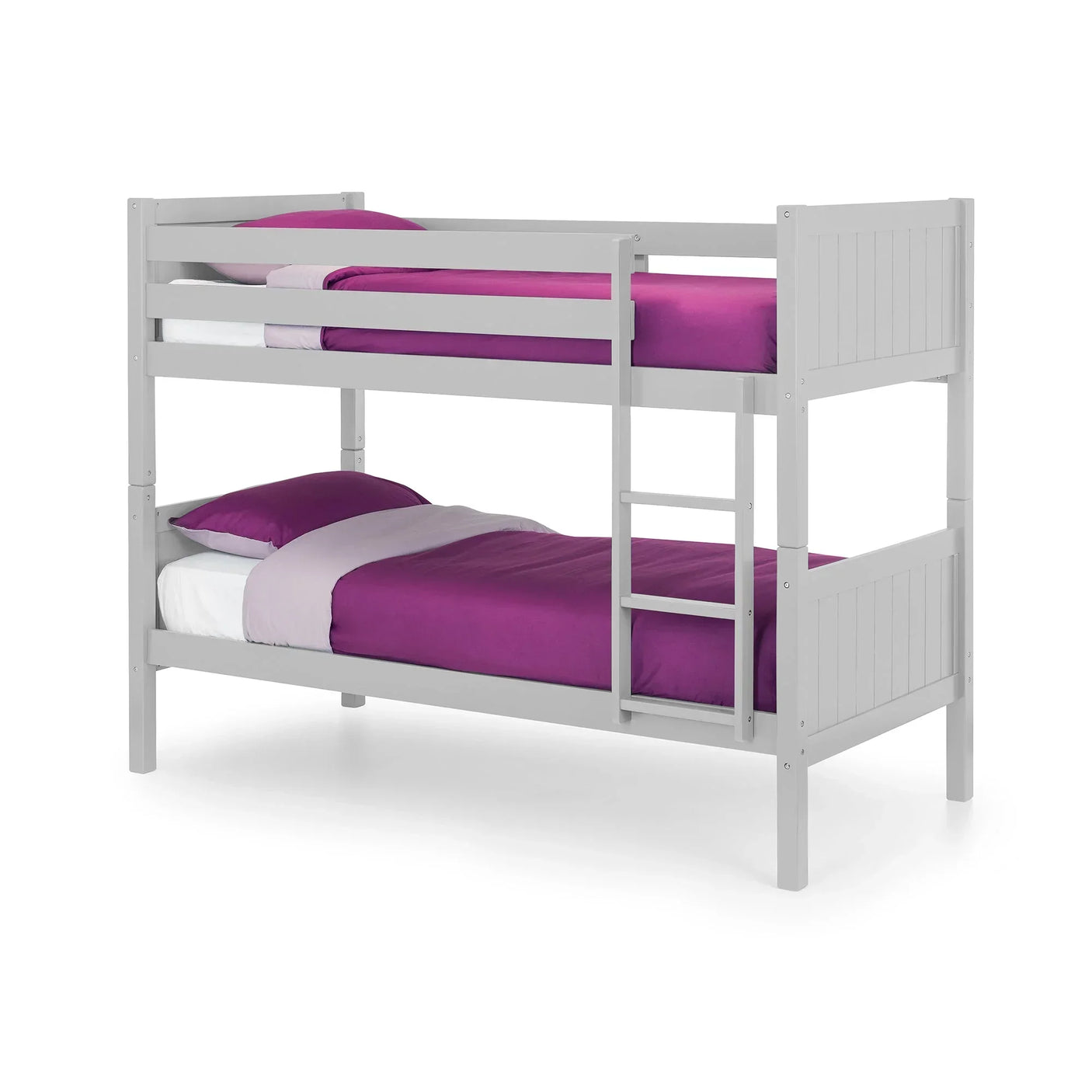 Grey wooden bunk bed with ladder, purple bedding and white background