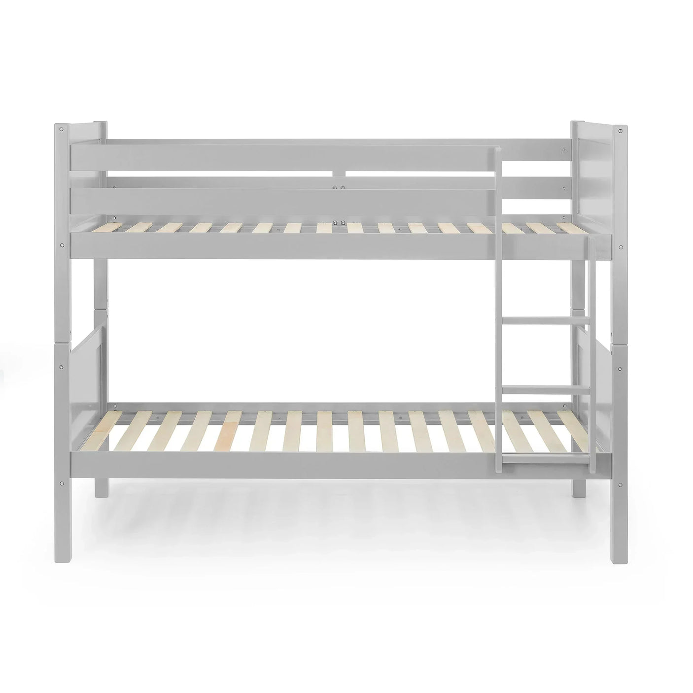 Dove grey wooden bunk bed with ladder and slatted bases, front view
