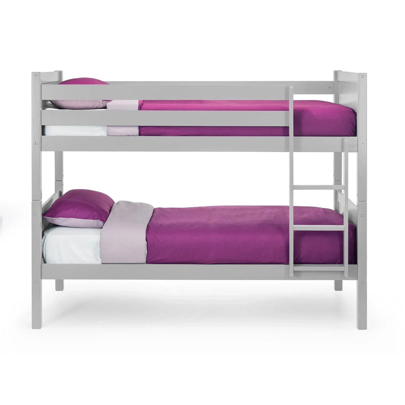 Grey wooden bunk bed with ladder, dressed in purple bedding and matching pillows
