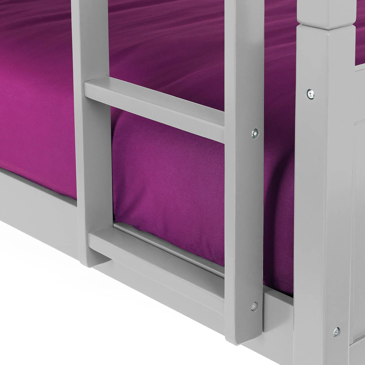Dove grey bunk bed ladder detail with visible wooden frame and purple mattress cover