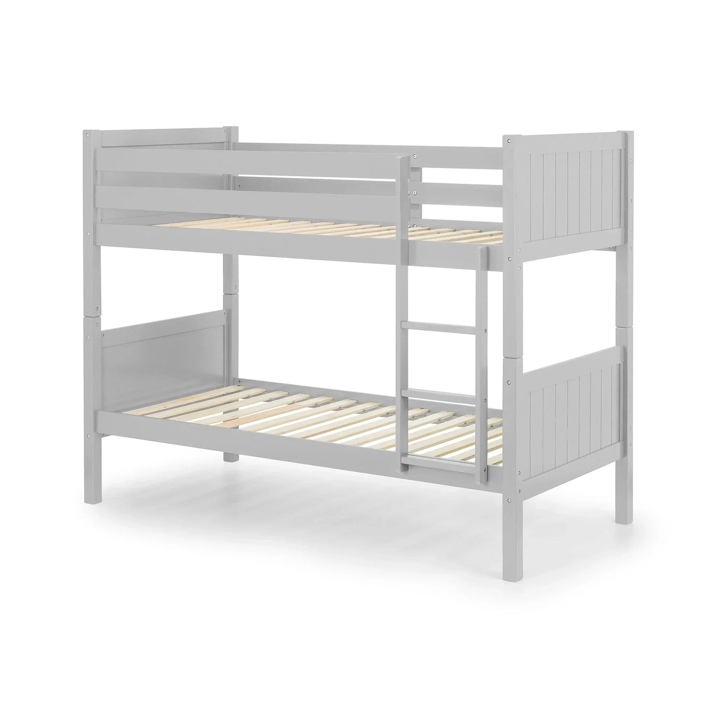 Dove grey wooden bunk bed with ladder and slatted bases on white background