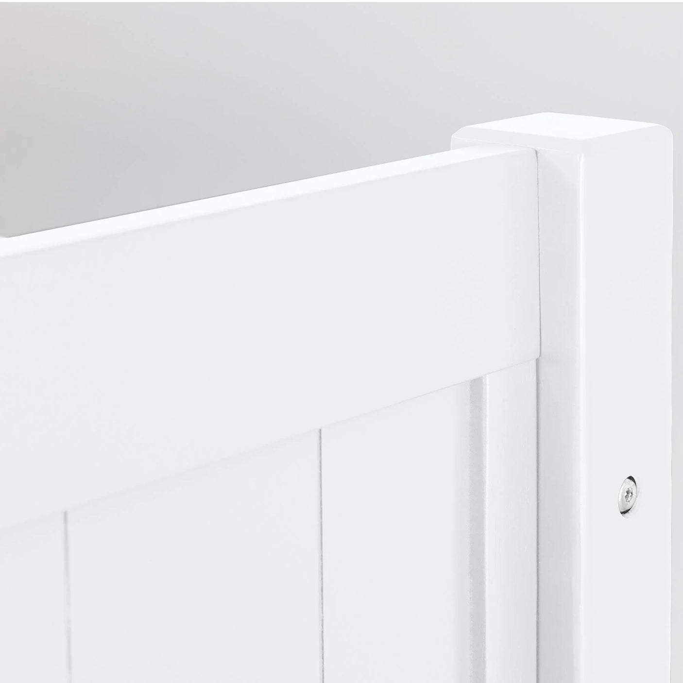 White bunk bed corner frame with vertical panel detail and visible screw