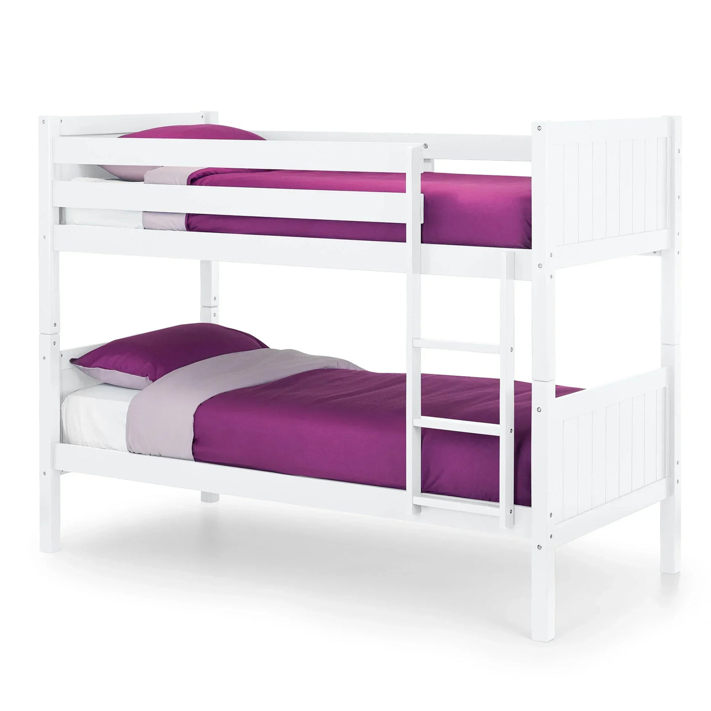 White wooden bunk bed with ladder, purple bedding, and panel detailing on frame