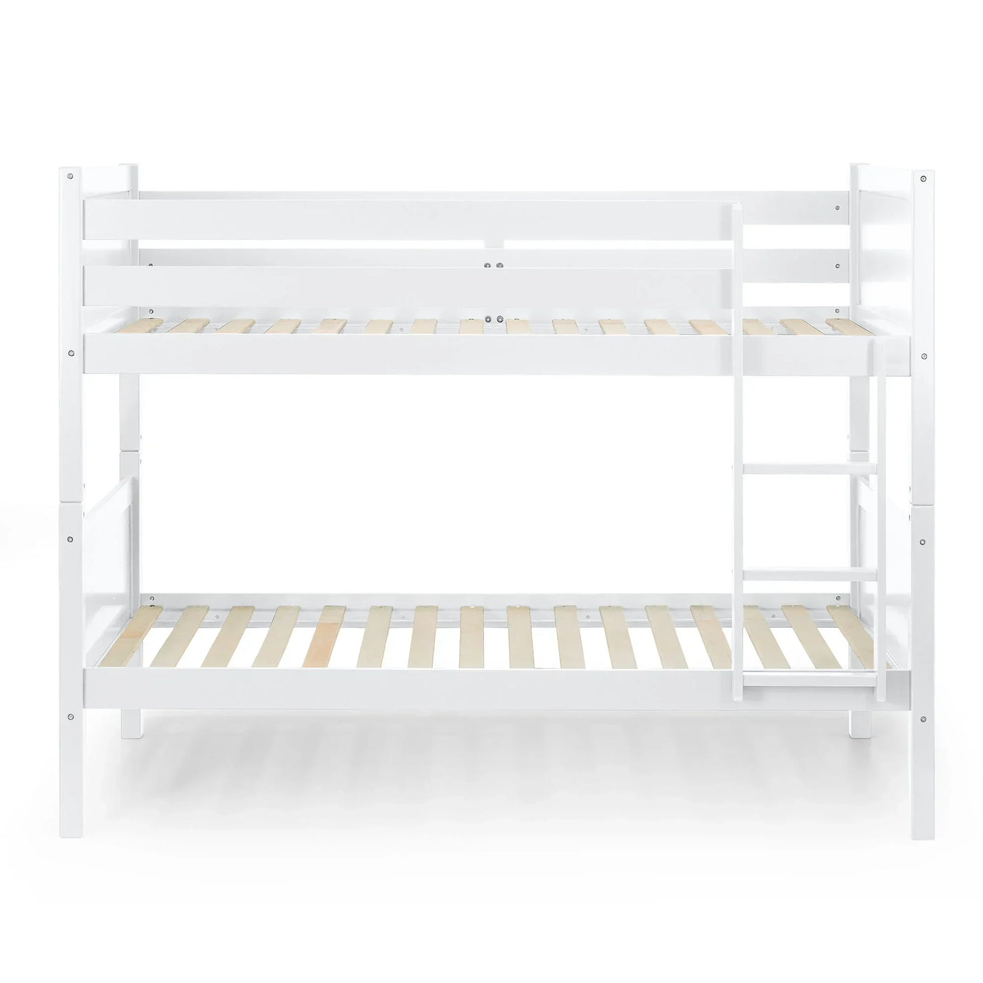 White wooden bunk bed with slatted bases and built-in ladder front view