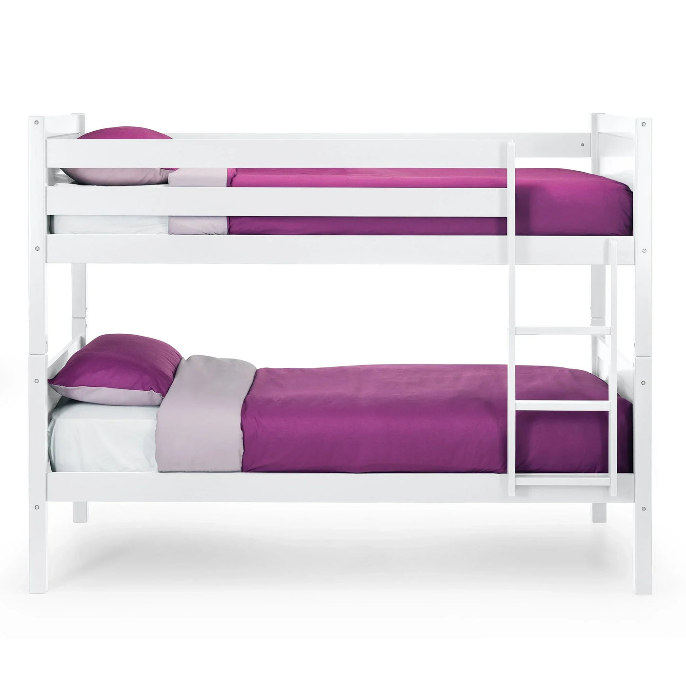 White wooden bunk bed with ladder, dressed in purple and grey bedding, front view