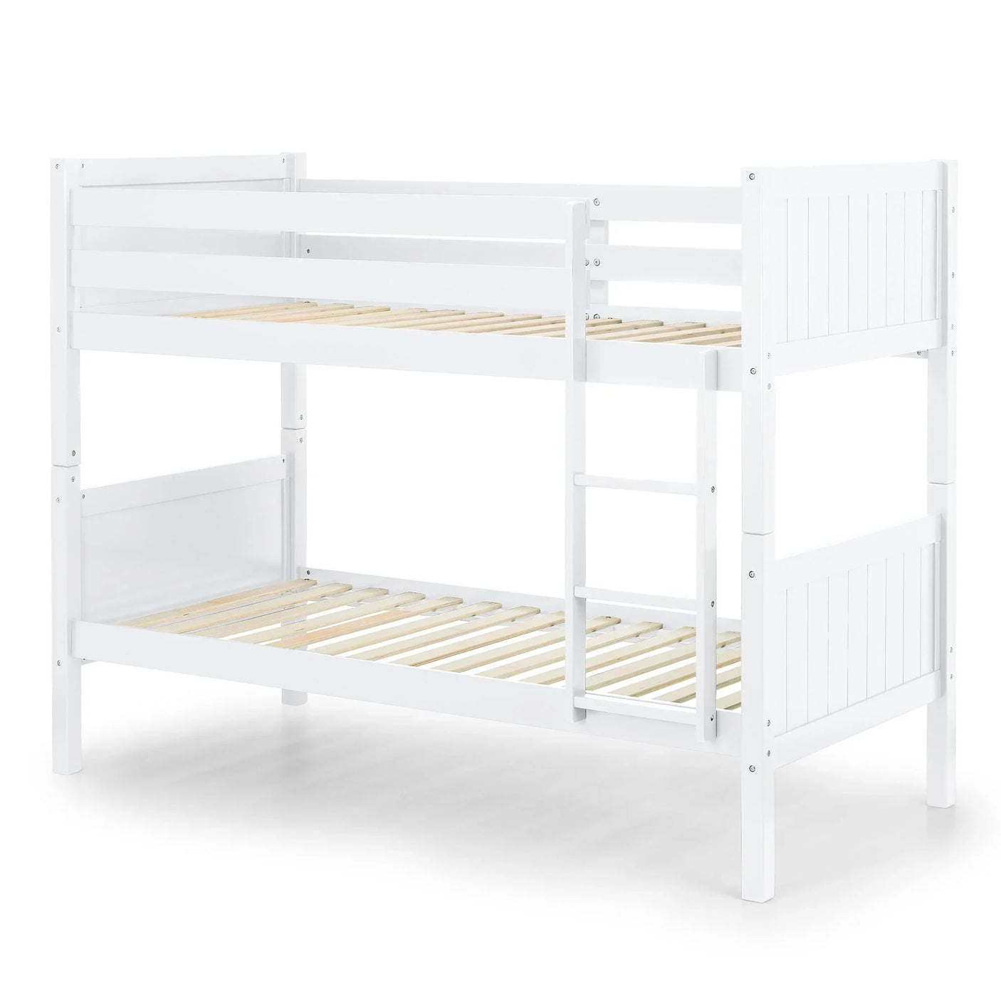 White wooden bunk bed with ladder and slatted bases, shown from front angle
