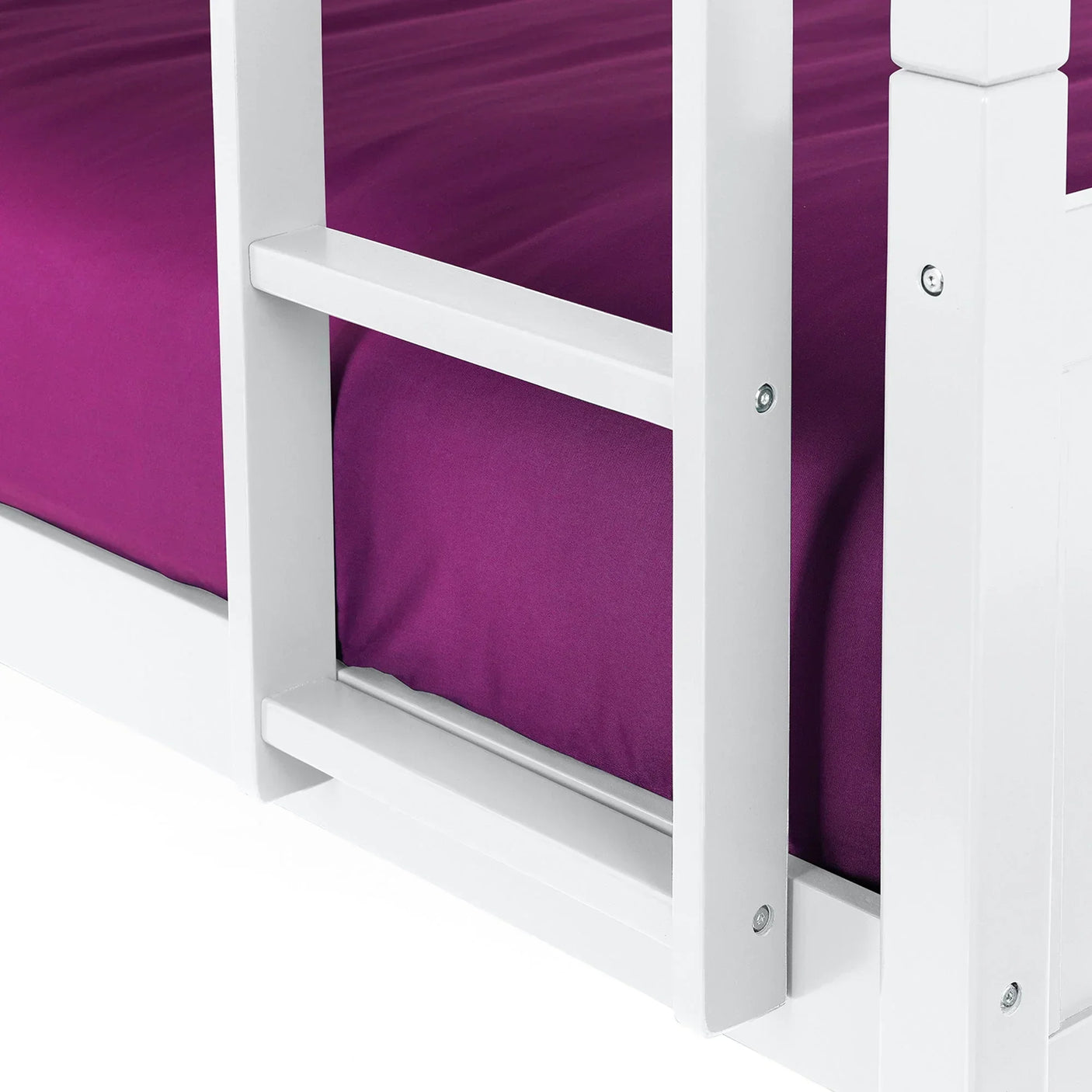 White bunk bed ladder detail with purple mattress