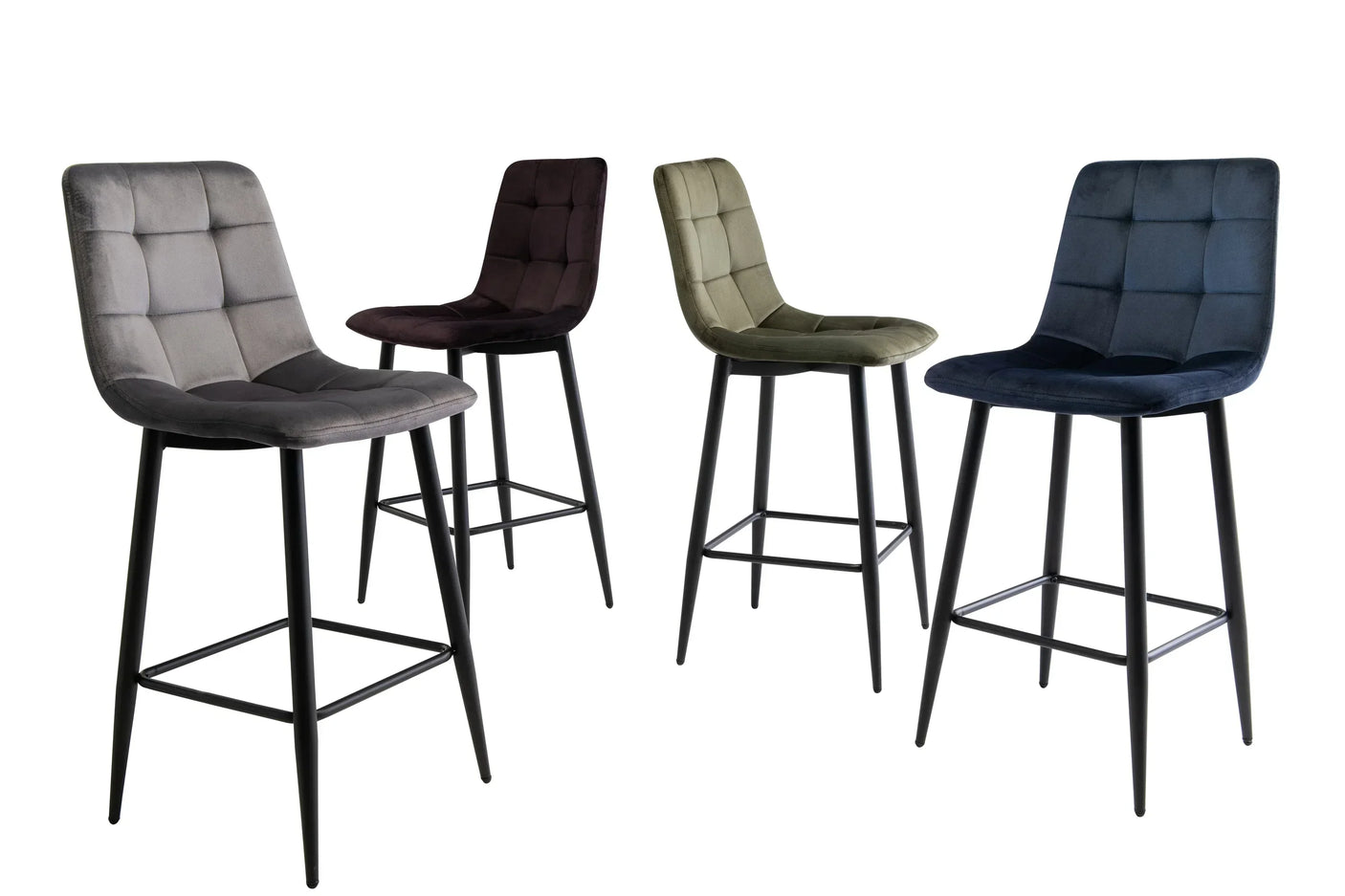 Set of four velvet counter stools with black metal legs in grey, brown, green and blue