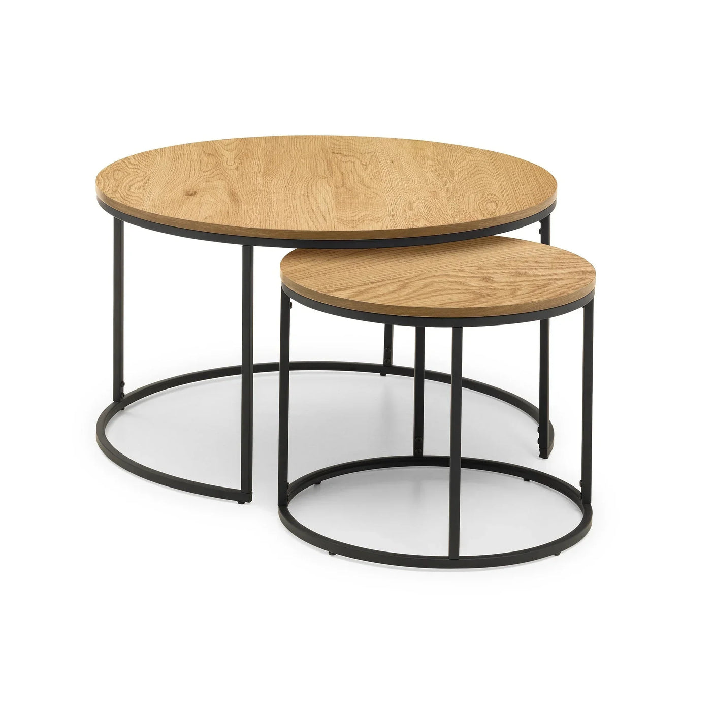 Oak round nesting coffee table set with black metal frame, modern minimalist design