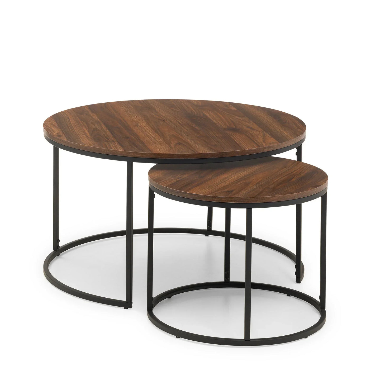 Round nesting coffee table set with wood tops and black metal frames on white background