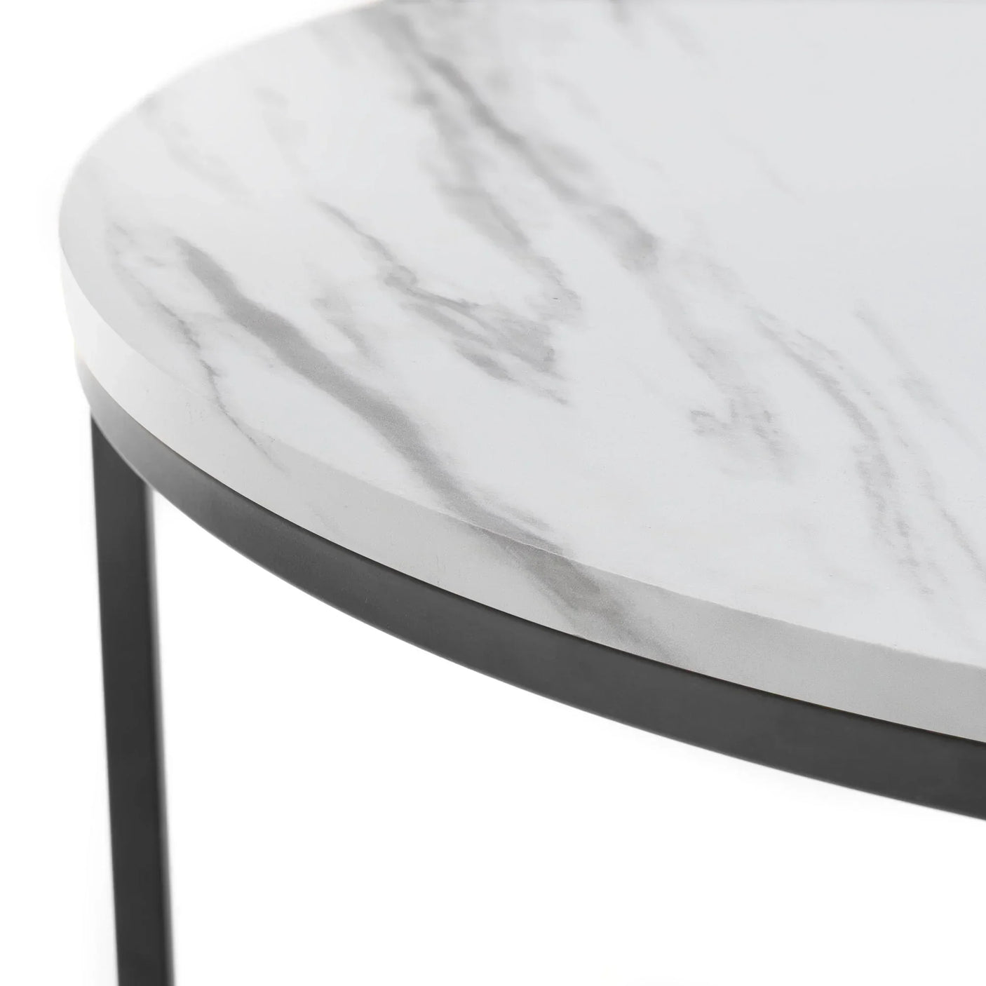 White marble round nesting coffee table top with black metal frame detail