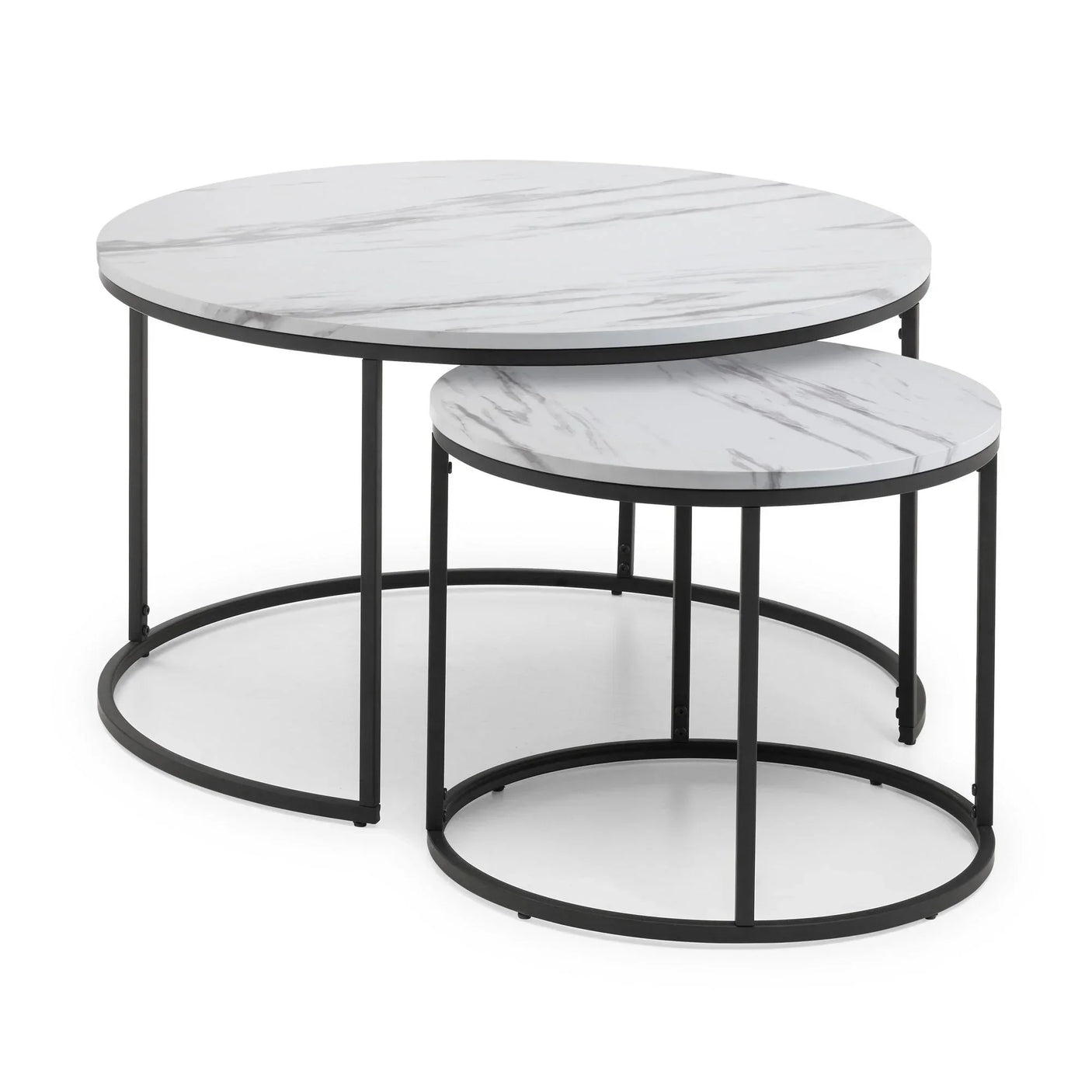 White marble round nesting coffee tables with black metal frames, modern minimalist style
