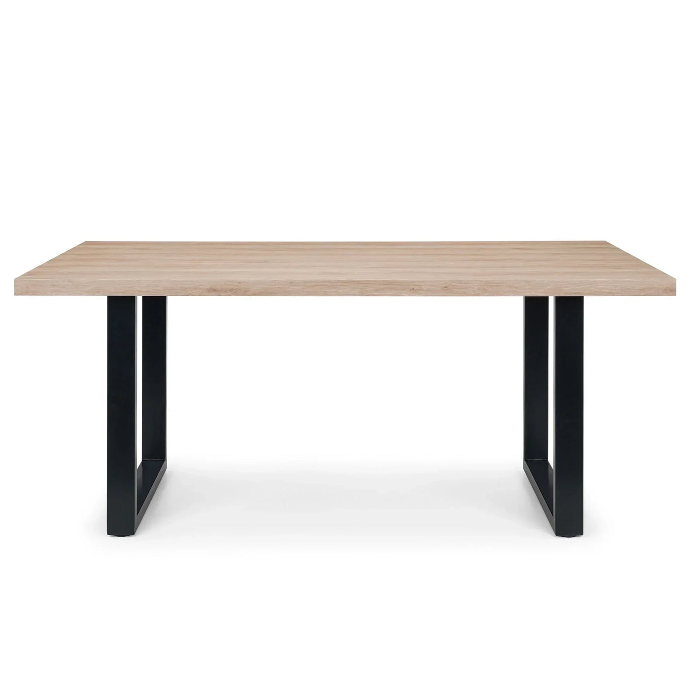 Rectangular wooden dining table with black metal legs, front angle view