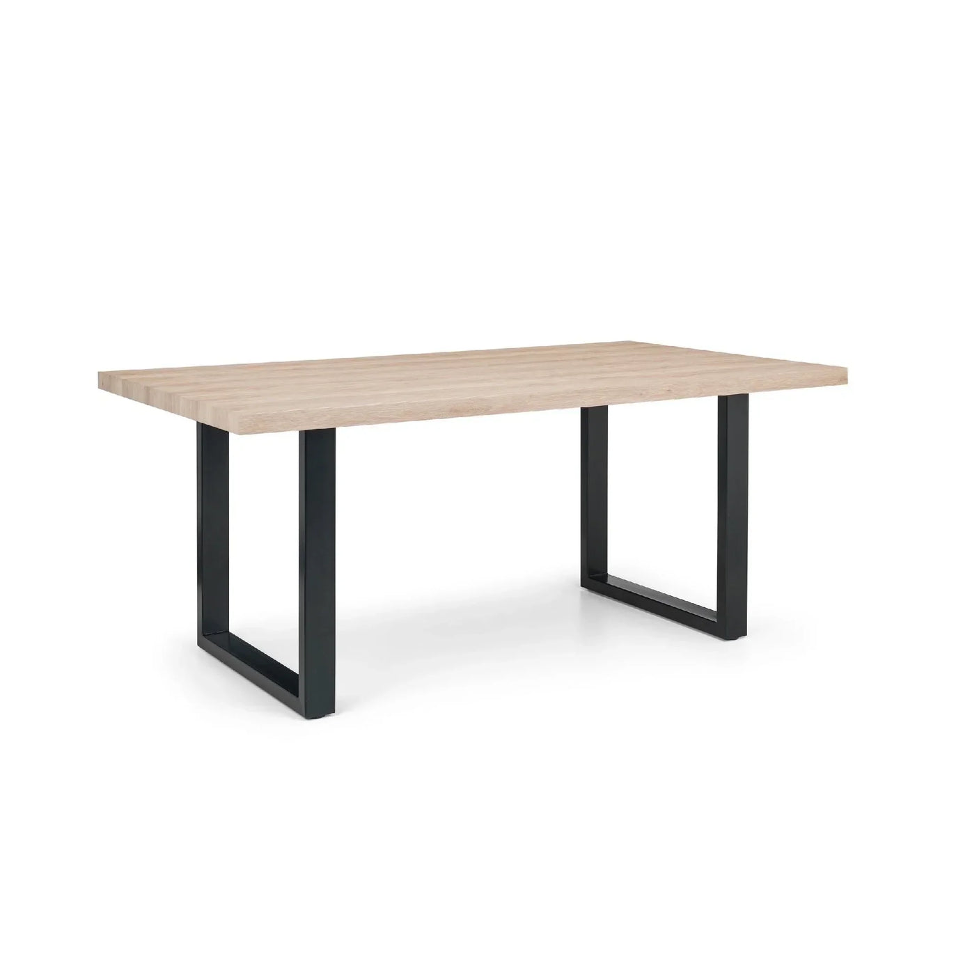 Rectangular oak dining table with black metal legs on white background
