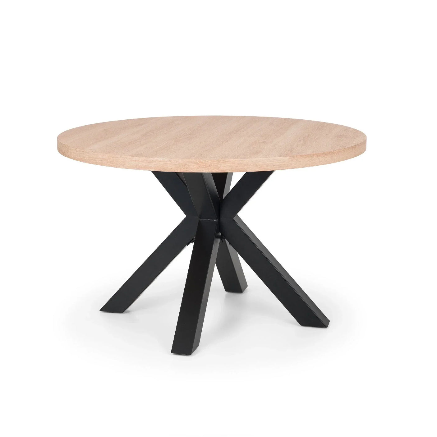 Round dining table with light wood top and black crossed metal legs on white background