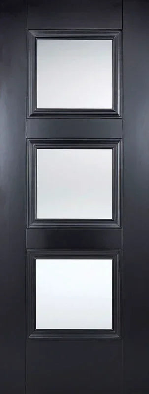 Black glazed interior door with three clear glass panels and modern trim design