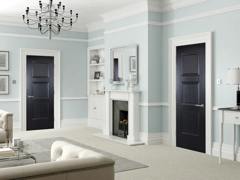 Black interior doors with white trim in a modern living room setting