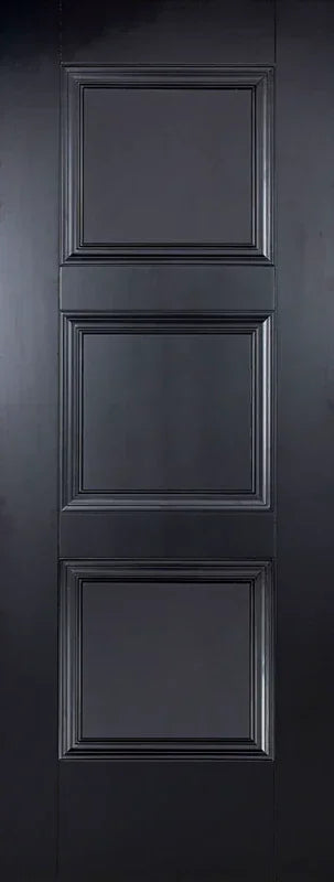 Black interior door with three recessed panels and subtle paneled detailing