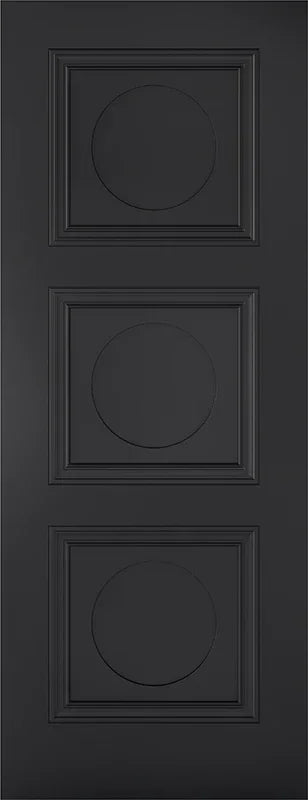 Black interior door with three square panels and circular center detail