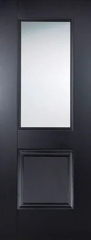 Black glazed interior door with large glass panel and decorative lower panel