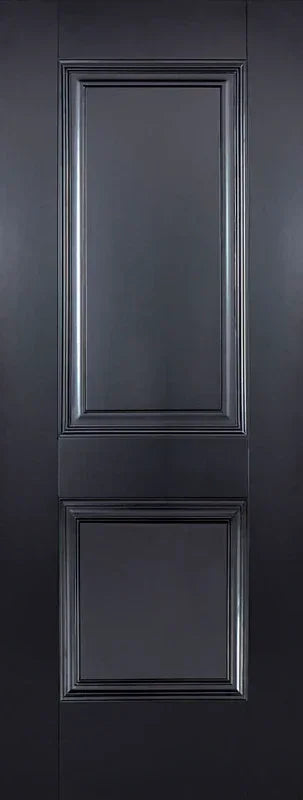 Black panelled interior door with two raised rectangular panels, front view