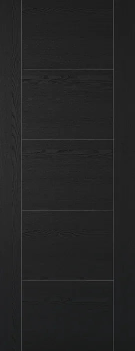 Black ash laminate interior door with five horizontal panels and wood grain texture