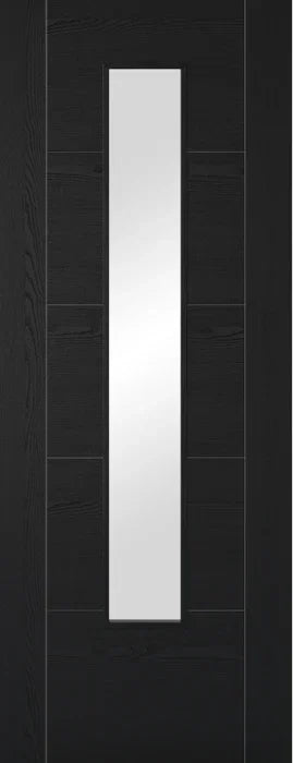 Black ash laminated glazed door with vertical glass panel and wood grain texture