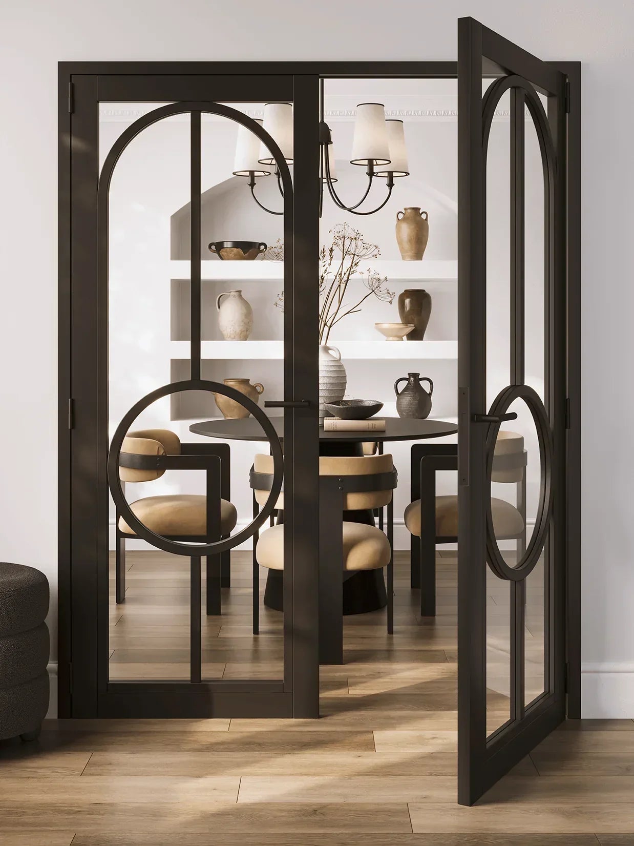 Black glazed interior door with clear glass panels opening to modern dining room