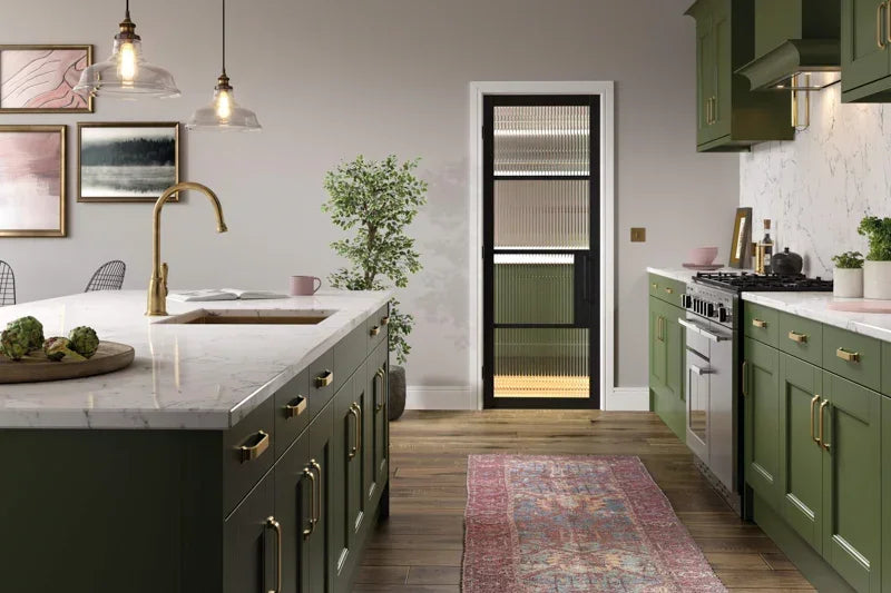 Black Chelsea Glazed 4L Reeded glass internal door in modern kitchen with green cabinets