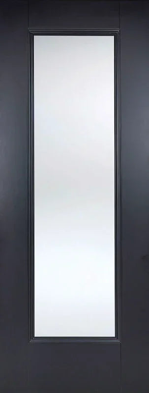 Black glazed interior door with large central glass panel, full front view
