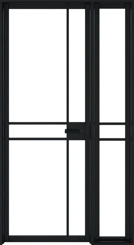 Black framed sidelight door with glass panels and horizontal lock detail