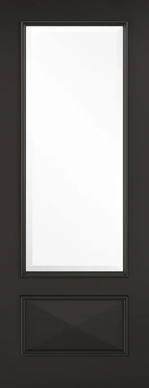 Black glazed interior door with raised panel and large clear glass insert