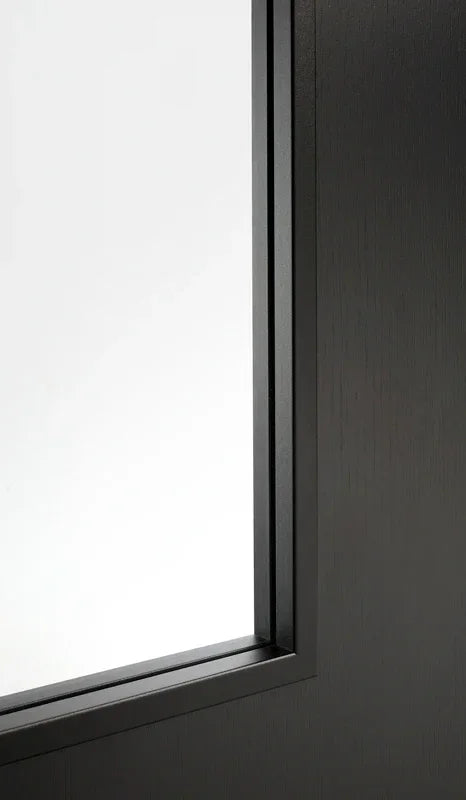 Black laminate glazed door corner with modern glass panel detail