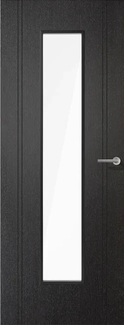 Black laminate glazed door with vertical glass panel and silver handle, front view