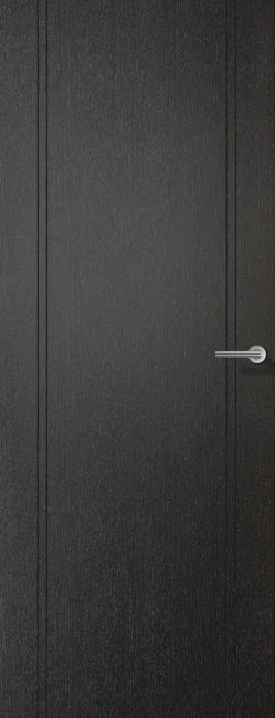Black laminate internal door with modern silver handle and subtle vertical groove design