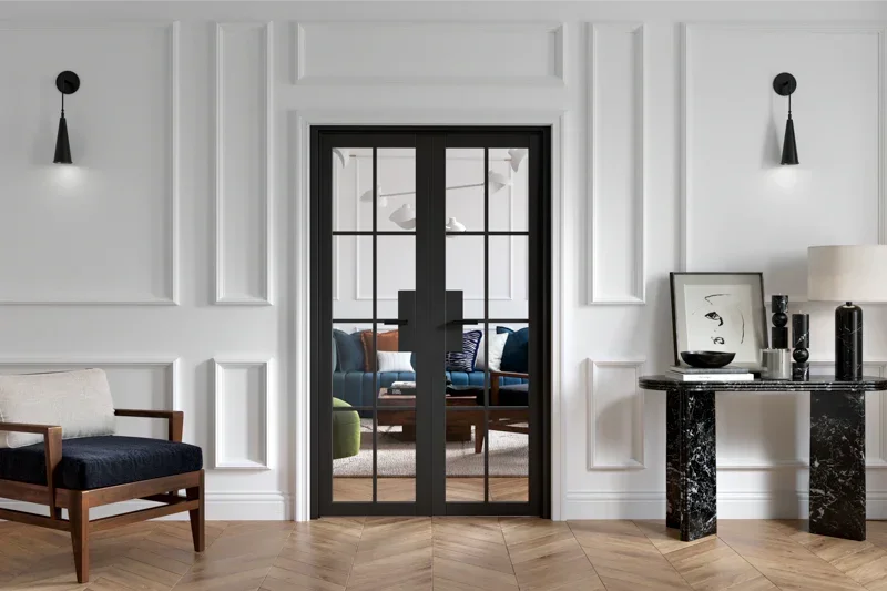 Black Malvern W4 internal French doors with glass panels in modern living space