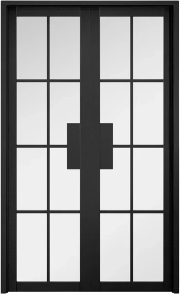Black framed glass panel double door with central geometric detail