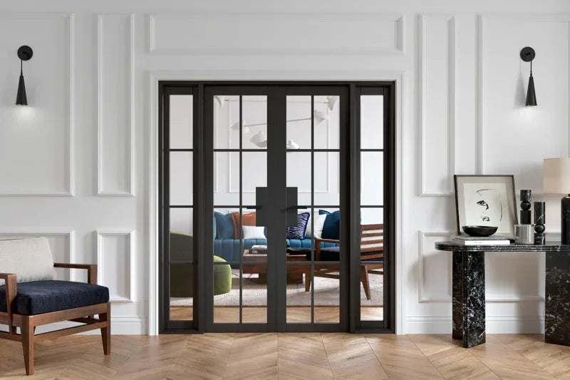 Black Malvern W6 internal glass doors in modern living room with wood and marble decor