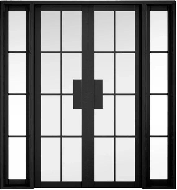 Black Malvern W6 glass patio doors with grid panels and side windows, modern style